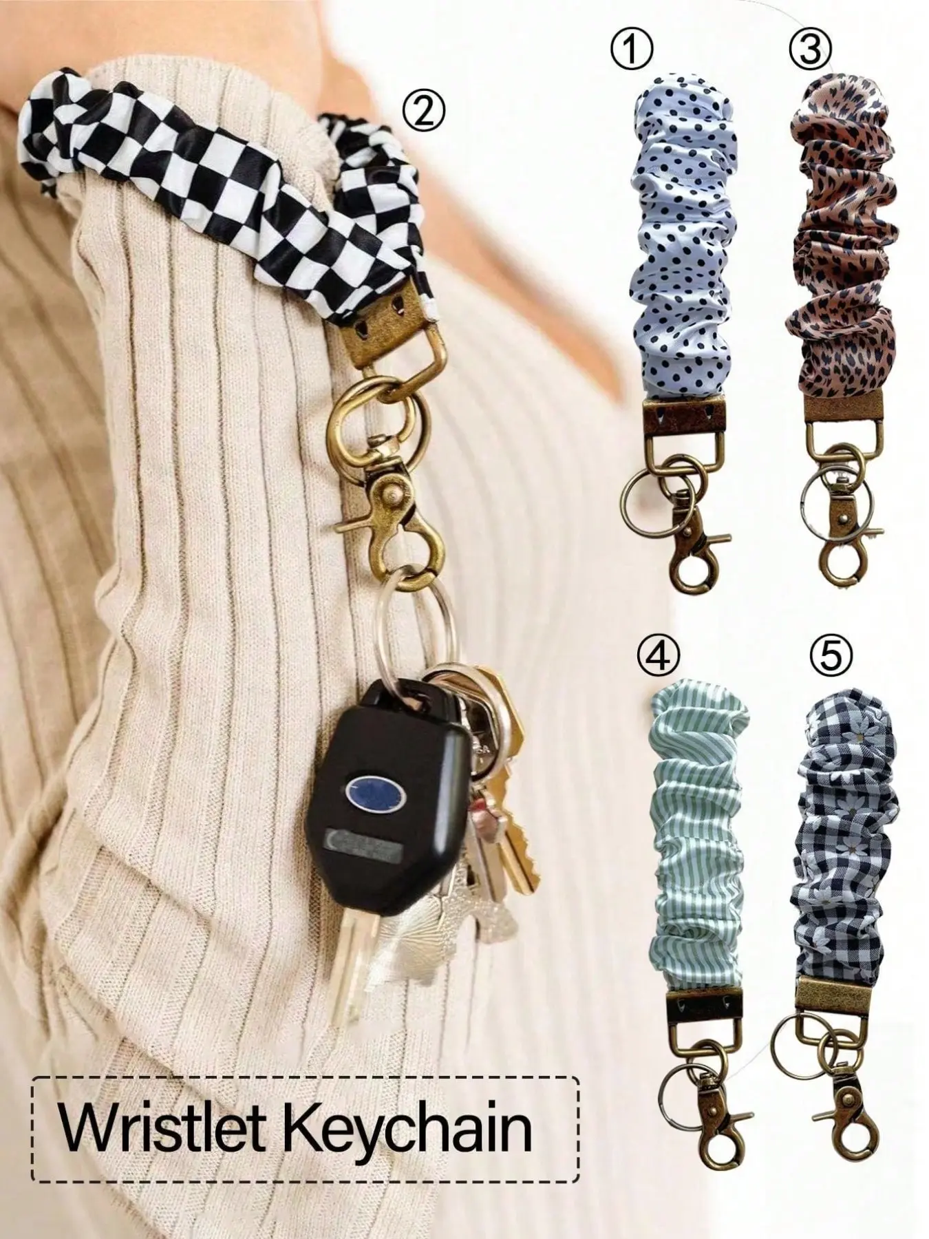 Women's Wristlet Keychain, Hair Tie Bracelet Key Ring with Clip, Elastic Wristband Car Key Chain, Plaid/Daisy/Stripe Patterns, Perfect Gift, Keychain Accessories