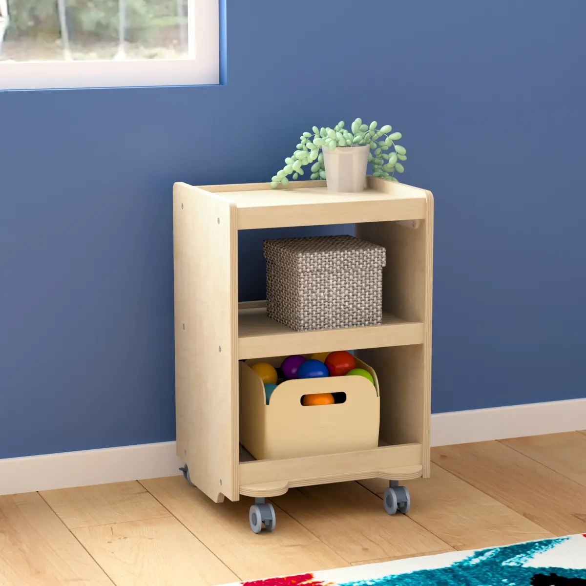 Flash Furniture MK-KE24084-GG Bright Beginnings Commercial Wooden Mobile Storage Cart Organiser - 3 Storage Tiers Shelf, Locking Caster Wheels, Natural Home Organizer Racks