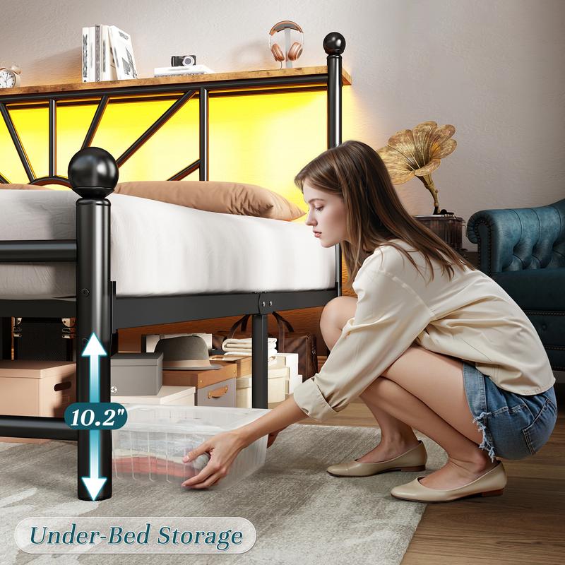 [RaybeeBrandyDay] King Queen Full Metal Bed Frame with Headboard & LED, NO MATTRESS, Queen Size Bed Frame with Storage Space & Strong Metal Slats, Iron Bed Frame, Noise-Free, Easy Assembly, Modern Bedroom Furniture, Black[BlackFridayCyberMonday]