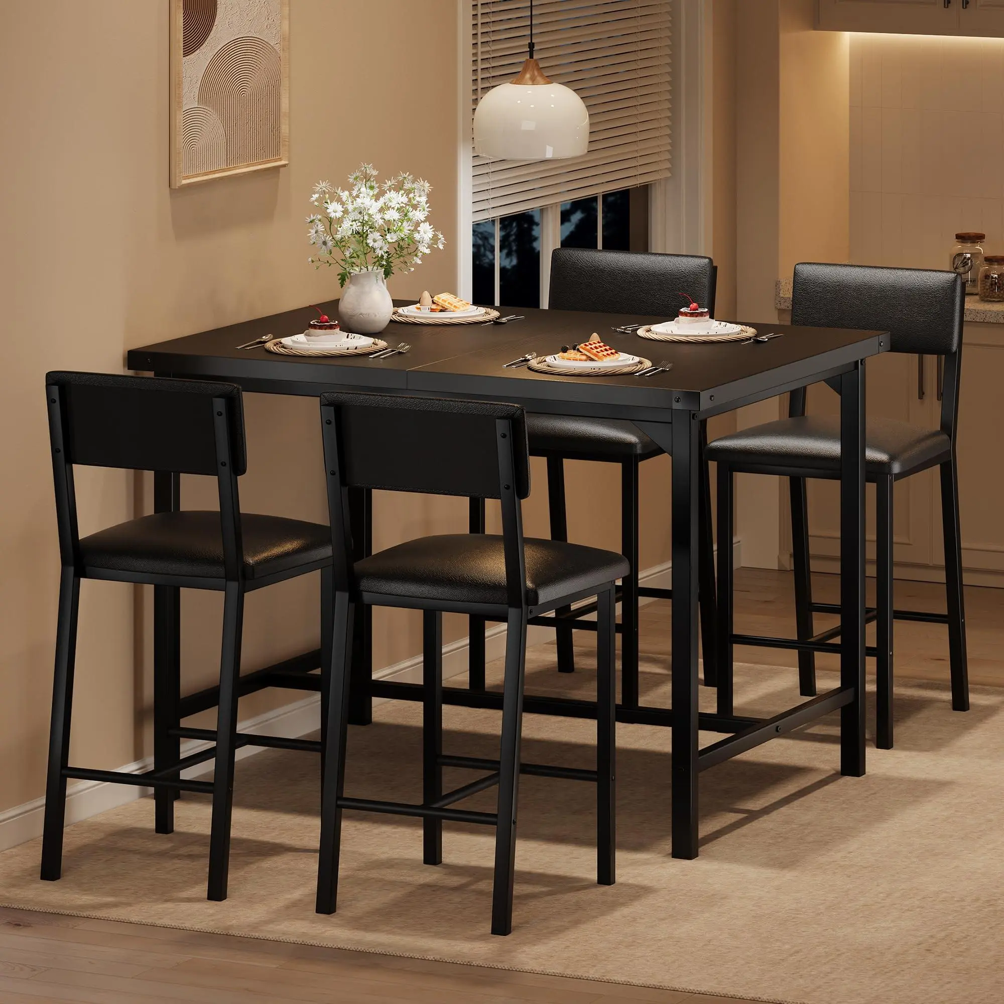 Dining Table Set for 4 with Footrest & Corner Protector, Counter Height Table with 4 Upholstered Bar Stools, 5-Piece Kitchen Table Set, Rustic Black