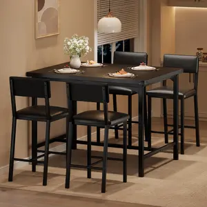 Dining Table Set for 4 with Footrest & Corner Protector, Counter Height Table with 4 Upholstered Bar Stools, 5-Piece Kitchen Table Set, Rustic Black