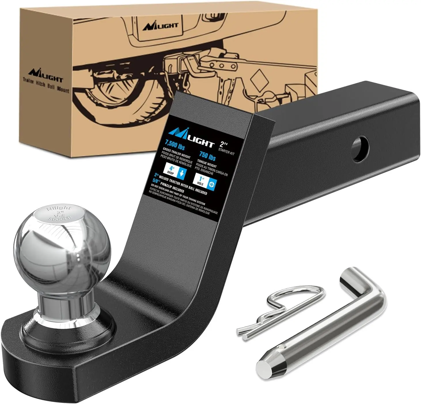 Nilight Trailer Hitch Kit, 2-In Receiver Mount with 2-In Trailer Ball, 5/8-In Hitch Pin Clip, 7500 lbs Capacity, 4-In Drop for ATVs, 4-Wheelers, Atvs Four Wheelers