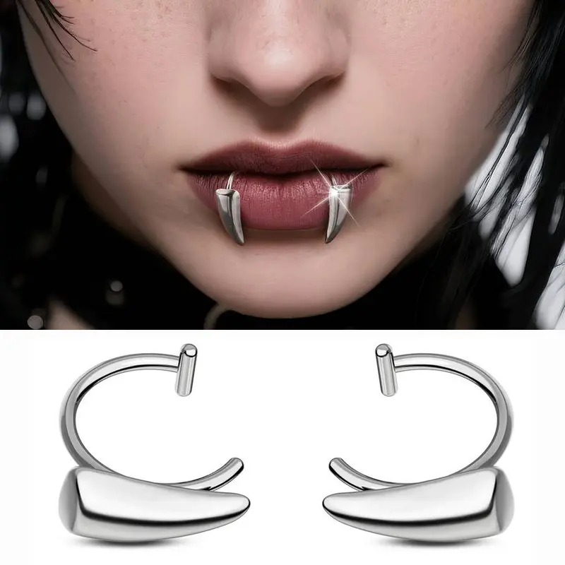 2Pcs Stainless Steel Thick Fake Vampire Teeth Body Jewelry Set - Unisex Punk Sleek Fake Piercings, Adjustable Closure Faux Snake Bite Lip Piercing Jewelry, Polished Finish Party Vamp Energy Costume Accessories, Goth, Funky Unique Accessories