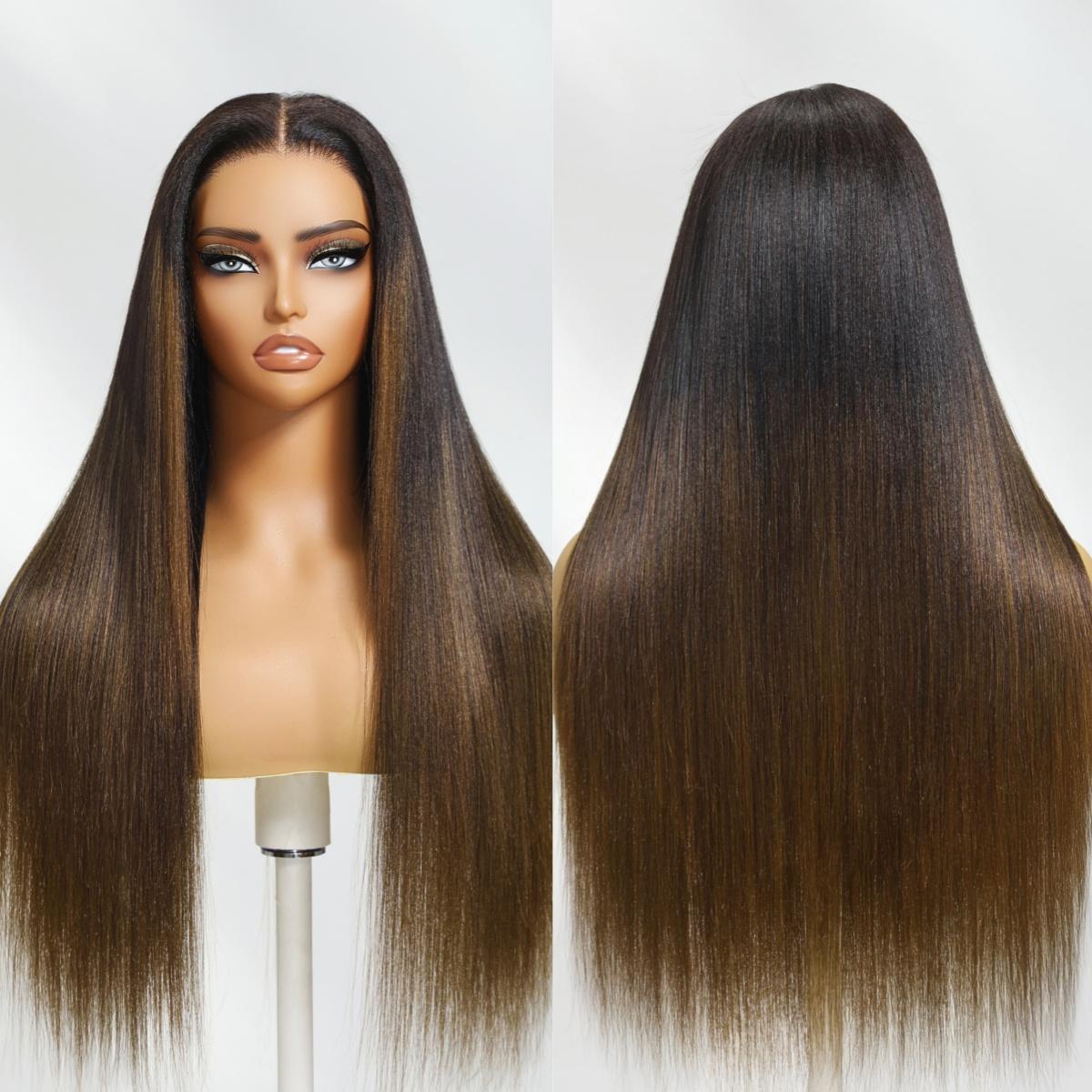UNice Glueless Ombre Chestnut Brown Yaki Straight Wig with Drawstring Pre Cut 7x5 Lace Human Hair Wigs with Bleached Knots Beginners Friendly Natural Scalp SpringStatements