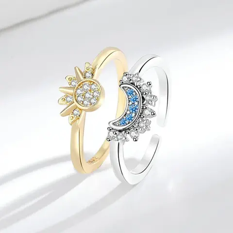 YLNWH Sun & Moon Rhinestone Design Ring, New Style Fashion Jewelry for Party, Daily Clothing Decor, Trendy All-match Perfect Holiday Gifts for Family, Wife, and Friend, Elegant Rhinestone Ring