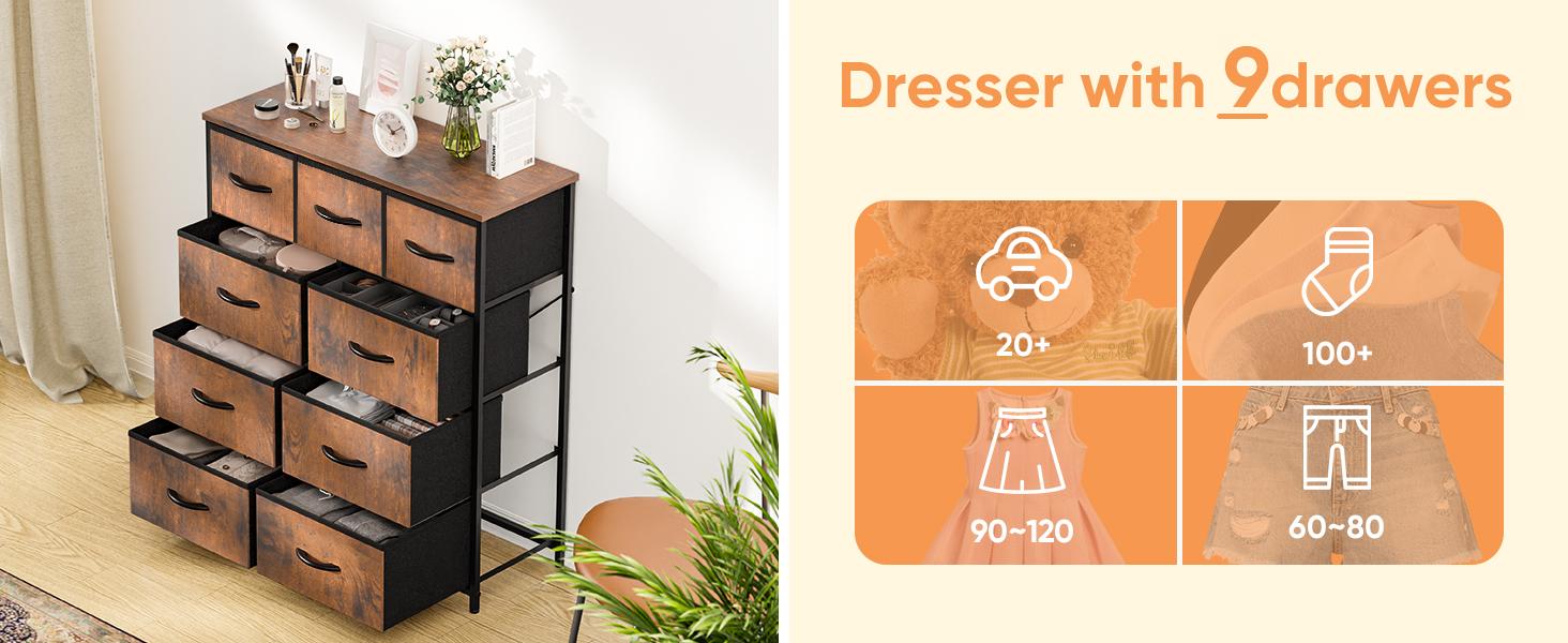 【New Color】Cupboards Cabinets Dresser - with 9 Drawers, Bedroom  Organizer, Steel Frame and Wood Top for Bedroom, Closet, Entryway