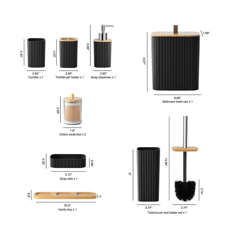 Black Ribbed Bathroom Accessory Set (10 Pieces) with Wood Detail, Water-Resistant Modern Bathroom Decor