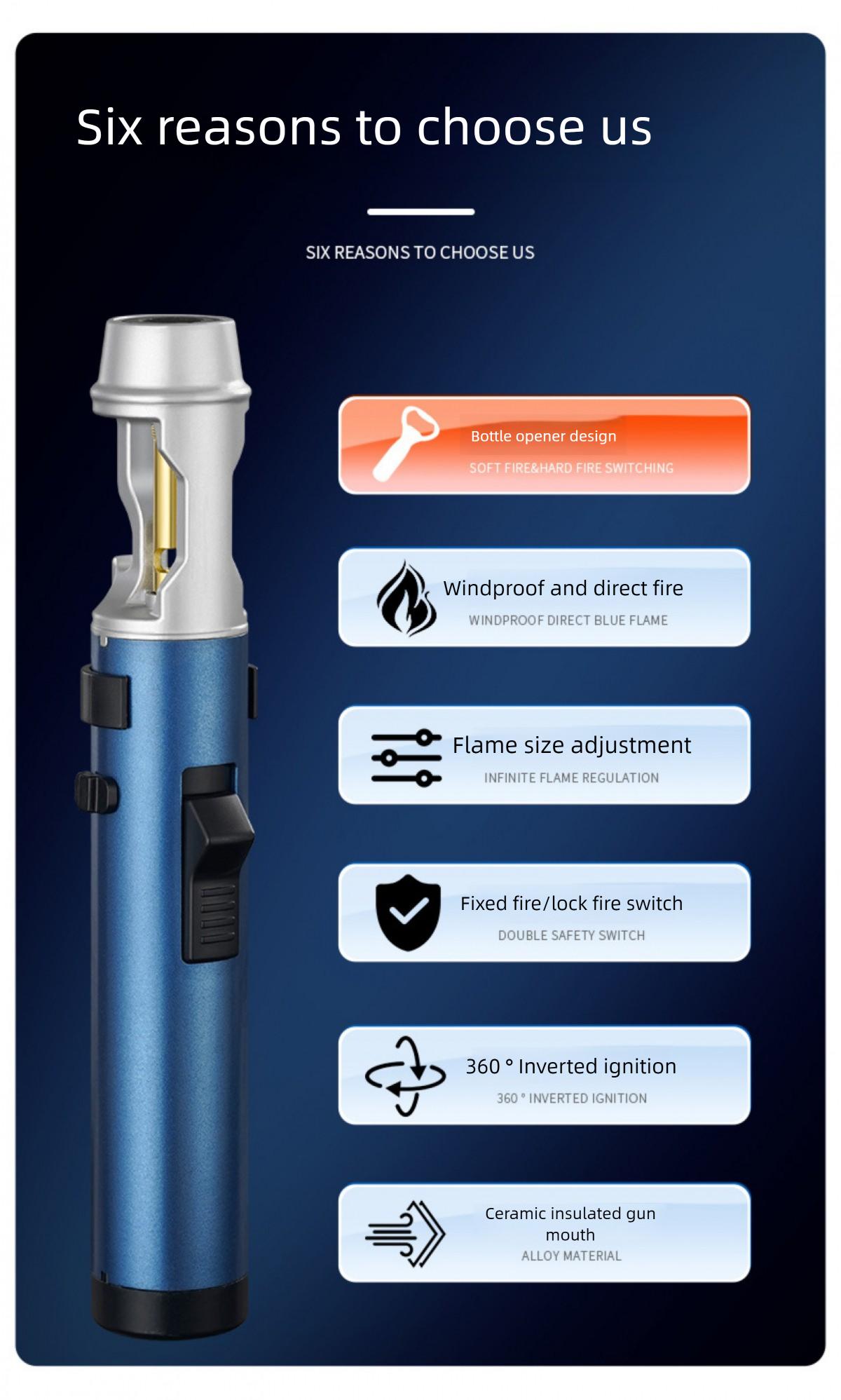 Windproof Lighter, Adjustable Flame Size High Temp Torch Lighter, Durable Zinc Alloy Bottle With Opener, High Temperature 1300 °   C Proof Igniter For Camping Grilling And Emergency Use Torch Lighters Refillable (No Fuel)