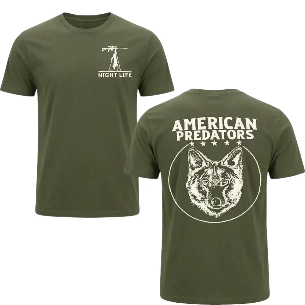 American Predators Wolf Hunting Shirt Military Green, Night Life Coyote Graphic Shirt for Men, Predator Hunter Outdoor Pullover, Gift for Hunter, Fall Winter Tactical App