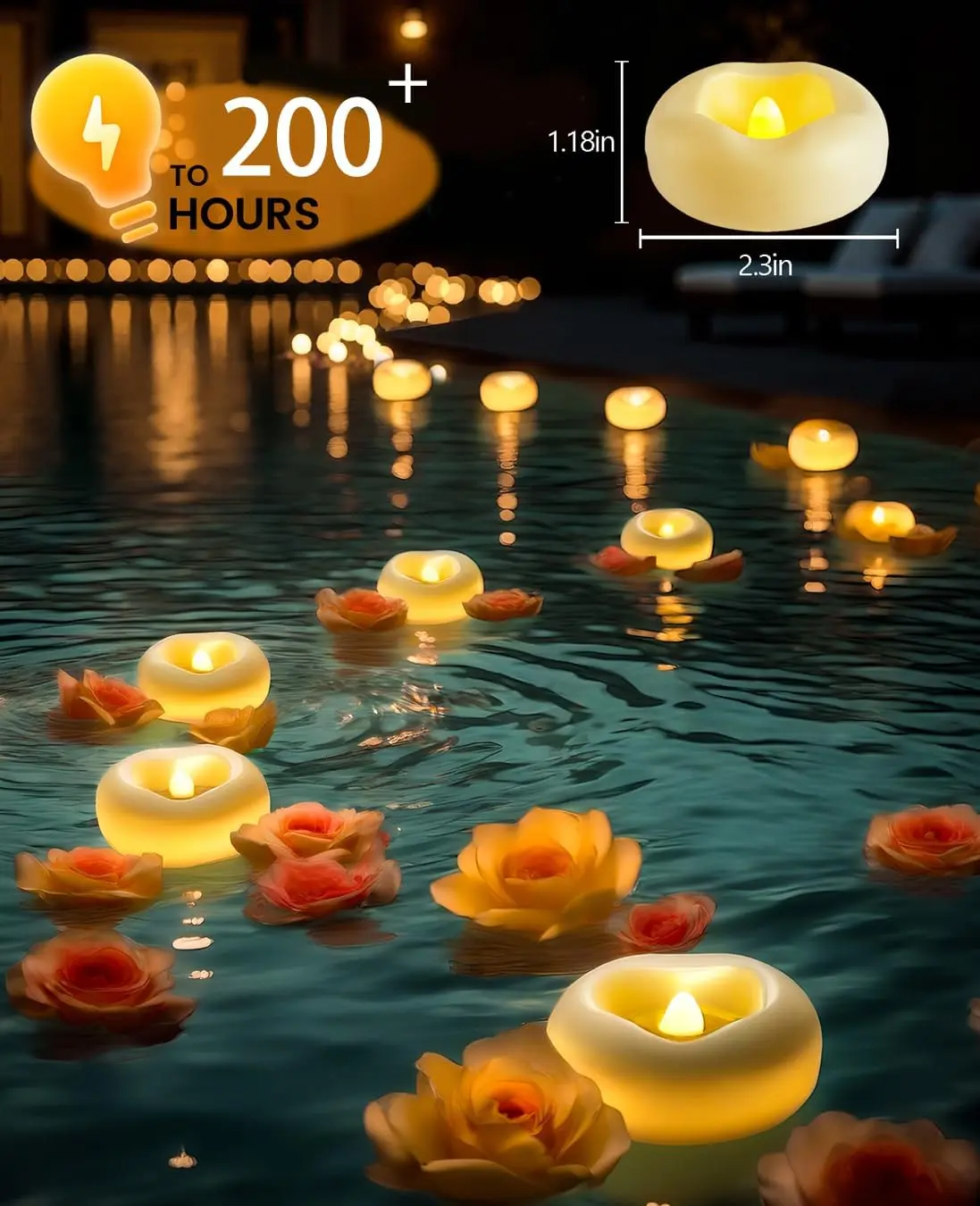 2.5" Water Sensor Auto Light-Up Floating LED Candles, Waterproof Battery Tealights, 200+H Lifespan, Fall Decor for Home, Table Centerpiece, Halloween, Thanksgiving, Harvest Festival, Decor for Wedding, Pool, Vase & Indoor Table Deco