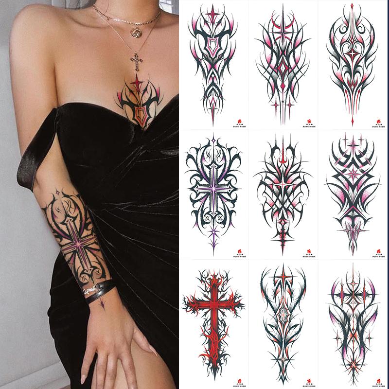9 Sheets Cross Design Temporary Tattoos for Adults - Realistic, Long-Lasting, Waterproof Fake Tattoo for Men and Women - Arm Leg Sleeve,  Easy to Apply and Remove