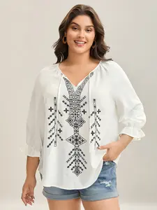 【Summer Turn-Up】【Essential】BlOOMCHIC Plus Size Boho Print Neck Tassels Shirt [1x-6x] 2026 Summer Pick for Mother's Day