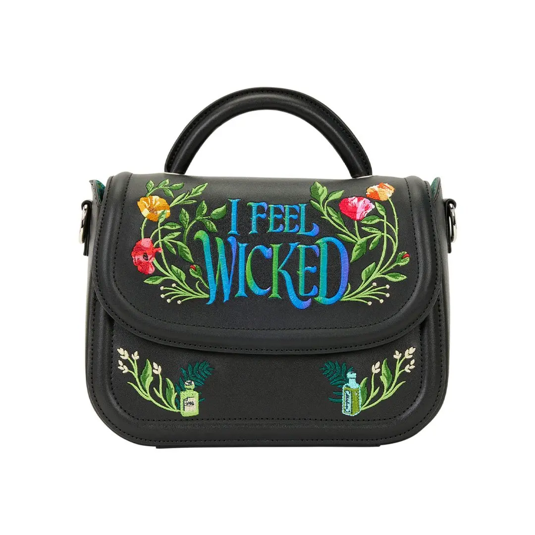 Loungefly Universal Wicked "For Good I Feel Wicked" Leather Crossbody Bag (Women's Shoulder & Crossbody Bag), Casual Handbag Satchel, Adjustable, Embroidered, Basic, Faux Leather, Embroidery, Lightweight, Zipper
