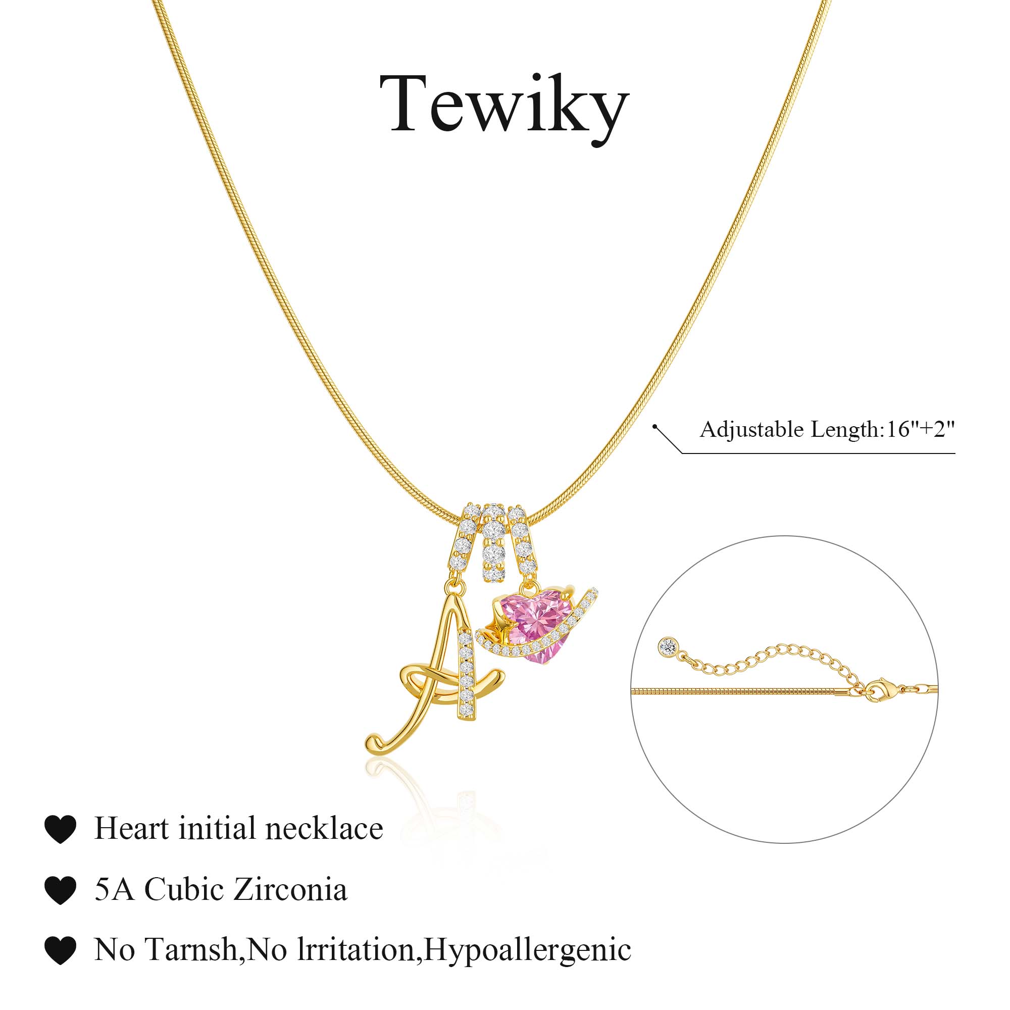 Tewiky 14K Gold Plated 3-Layering Initial A-Z Letter Pendant Necklaces for Women Snake Chain Choker Pink Heart Zircon Adjustable Length Necklace Jewelry For Valentine's Day gifts