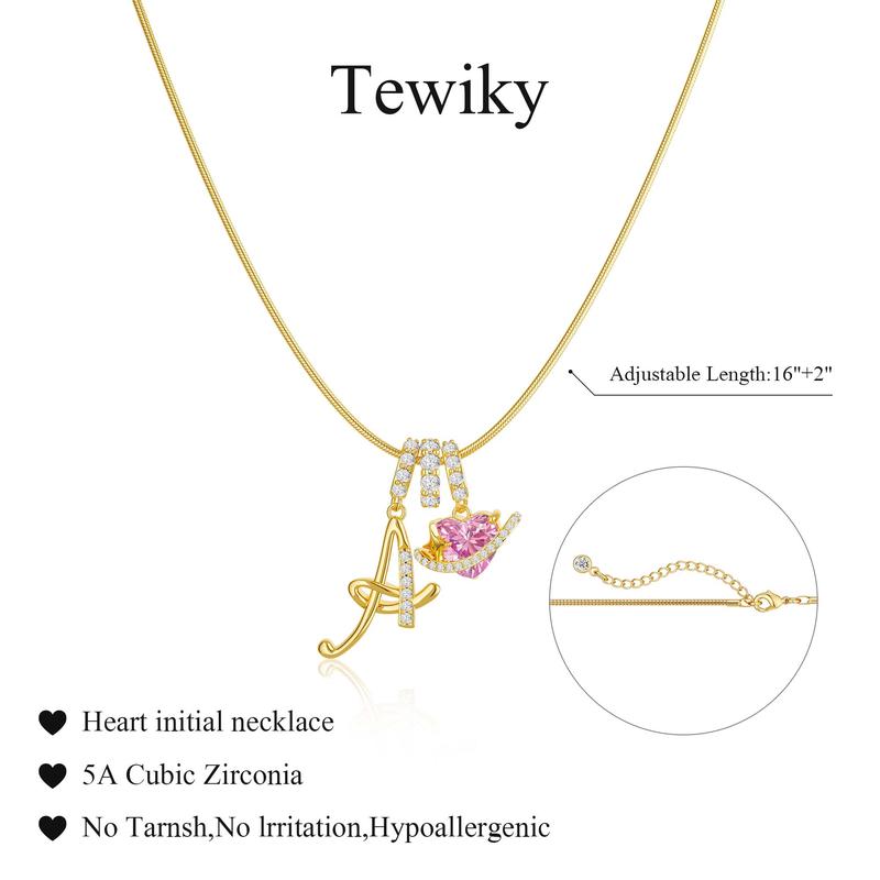 Tewiky 14K Gold Plated 3-Layering Initial A-Z Letter Pendant Necklaces for Women Snake Chain Choker Pink Heart Zircon Adjustable Length Necklace Jewelry For Valentine's Day gifts