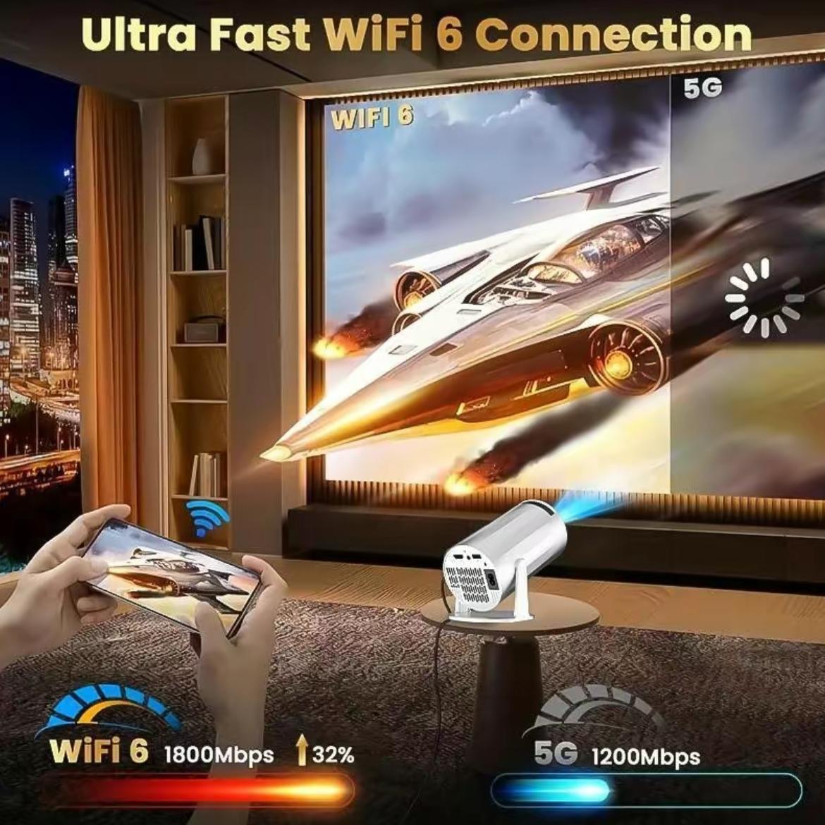 4K  Pro Portable Projector with Android 11Dual Wifi6 290ANS| Built-in Speaker AppstoreAllwinner H713 BT5.4 Cinema Outdoor MiniProjector WFl6 Remote Control Included Projector2025 White Wireless Audio Screen