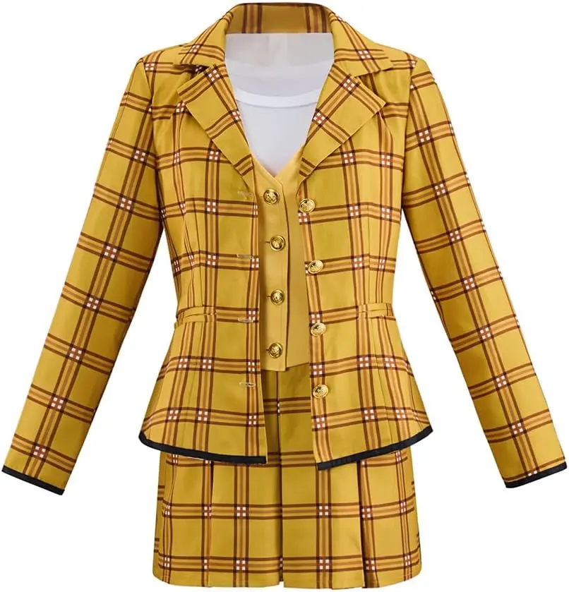 Clueless Cher Costume for Women Yellow Plaid Outfit 90s Schoolgirl Jacket Skirt 4 Piece Set Halloween Costume Adult