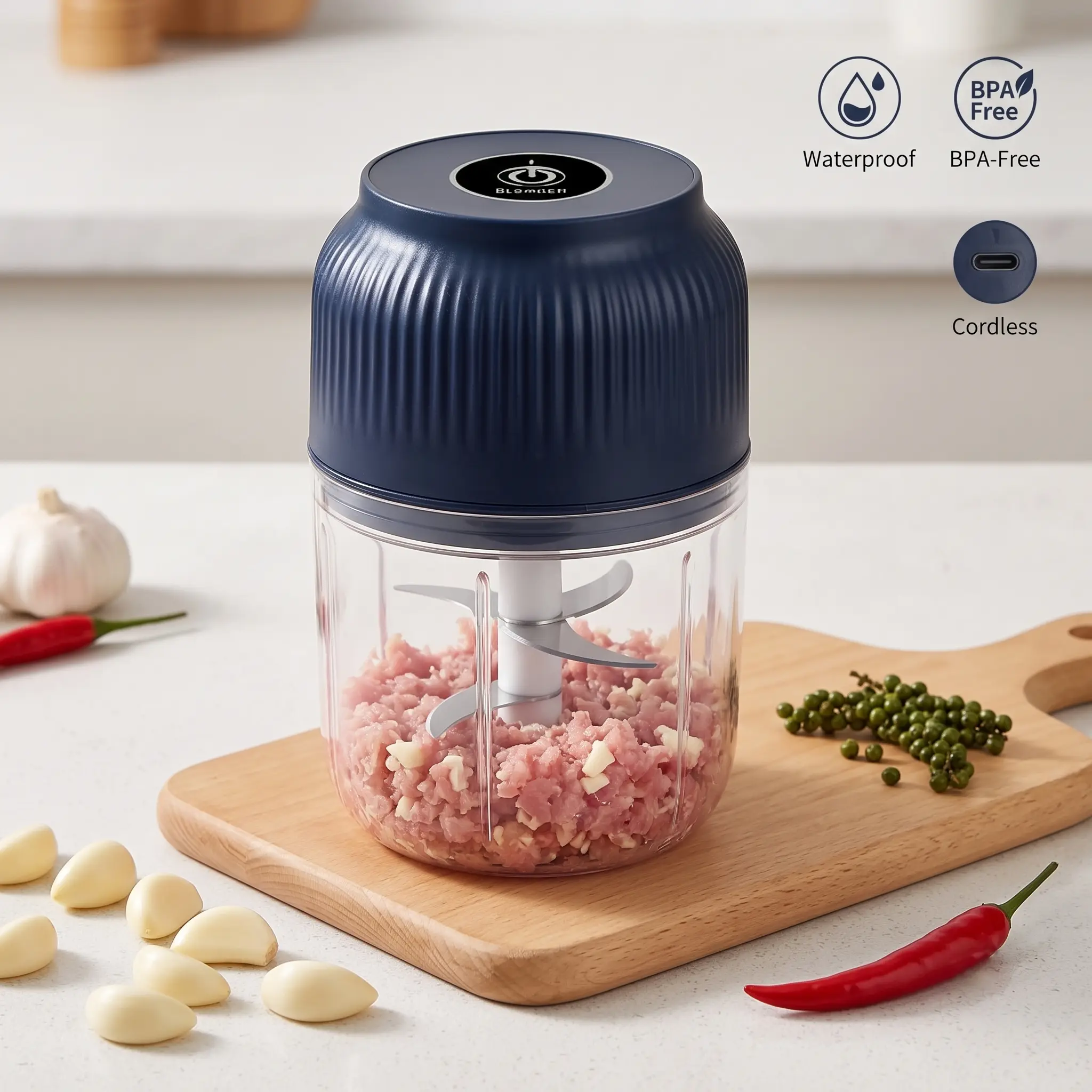 300ML Portable Cordless Electric Garlic Chopper with 4 Sharp Blades, Waterproof Easy-to-Clean Food Processor & Veggie Grinder for Ginger, Chili, Baby Food