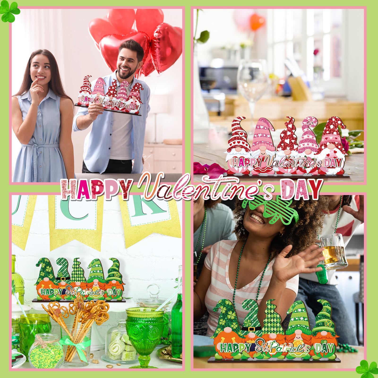 Valentine's Day & St. Patrick's Day Decorations, Reversible Gnome Wooden Table Sign, Love & Luck Double Sided Valentines St. Paddys Day Theme Wooden Standing Blocks Desk Decor Irish Farmhouse Style Centerpiece for Home Office Dinng Table Shelf Tiered Tray