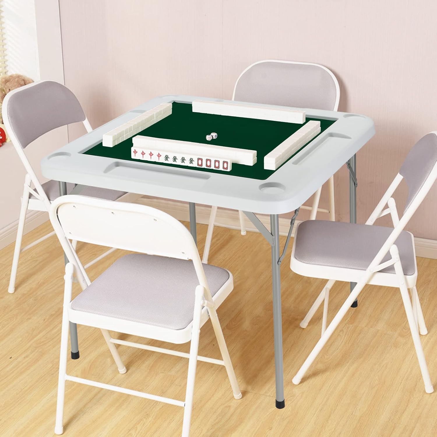 PEXMOR 35" Foldable Mahjong Table, Square 4 Player Card Game Table w/Cup Holders & Chip Grooves, Portable Folding Poker Domino Board Game Table for Blackjack, Texas Hold'em, Jigsaw Puzzles Game PEXMOR 35" Foldable Mahjong Table, Square 4 Player Card Game Table w/Cup Holders & Chip Grooves, Portable Folding Poker Domino Board Game Table for Blackjack, Texas Hold'em, Jigsaw Puzzles Game