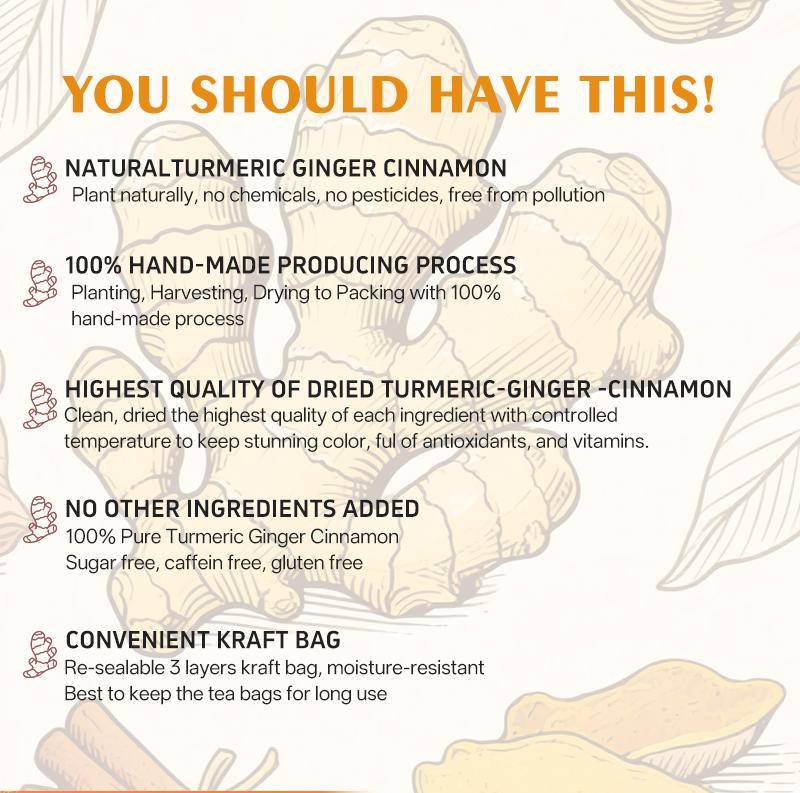 Turmeric Tea Herbal Anti-Inflammatory Tea, 100% natural, eco-friendly tea bags. Contains turmeric, ginger, and cinnamon. Biodegradable tea bags. Sugar-free, caffeine-free, gluten-free, vegan healthy beverage. good herbal remedy