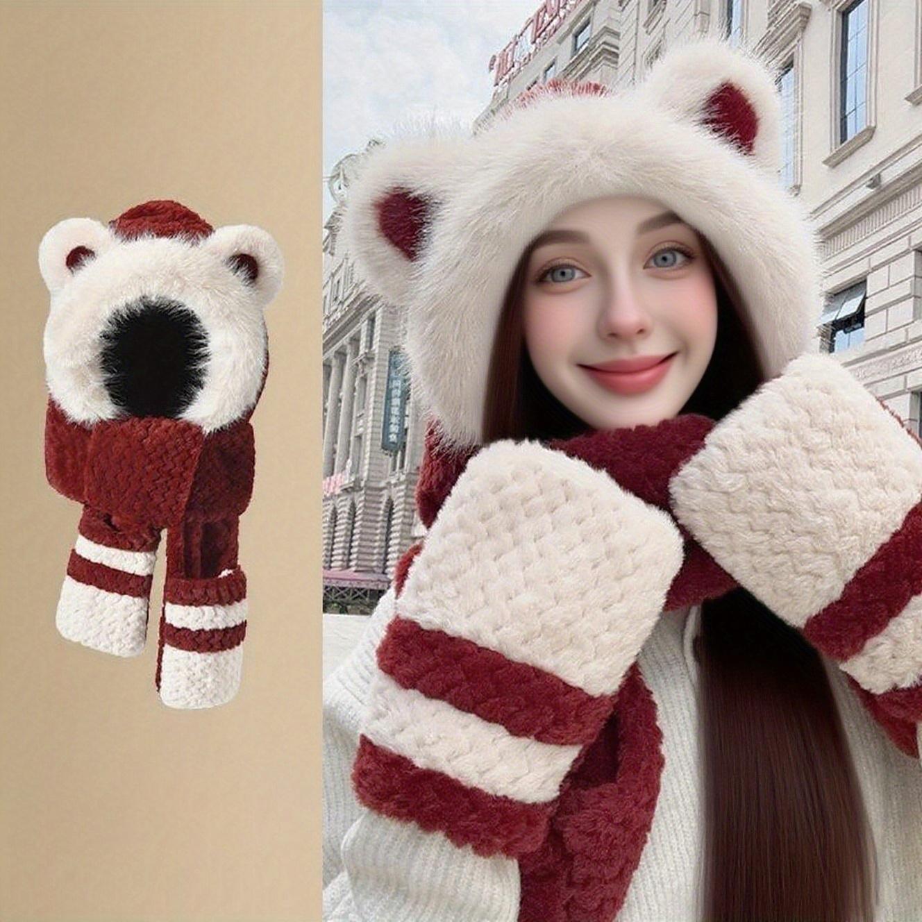 High-value balaclava hat in red and white color scheme, perfect for autumn and winter Christmas, featuring a bear design and color blocking for warmth. A three-piece set including a scarf, hat, and gloves.