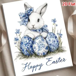 2D Flat, 1pc Framed - White Rabbit with Blue Floral Bow & Easter Eggs Painting, Pastel Spring Holiday Decor, Frame Wrapped Canvas Suitable for Living Room,, Easter Egg Hunt Decorations - Spring Table Centerpiece, Shower Gift, 2D Flat, Christmas Dec