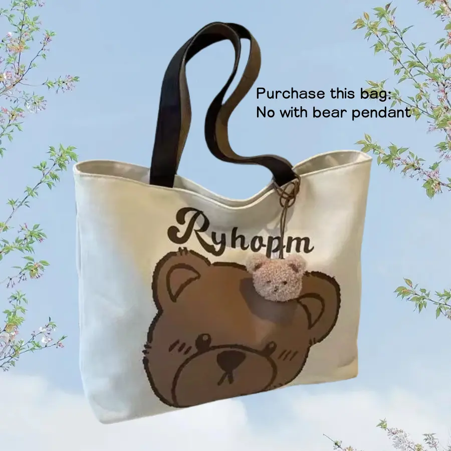 Funny kawaii sturdy  canvas fabric travel tote bag，cute bear canvas aesthetic book tote bag for women everyday reusable shopping bag,No with  bear pendant.