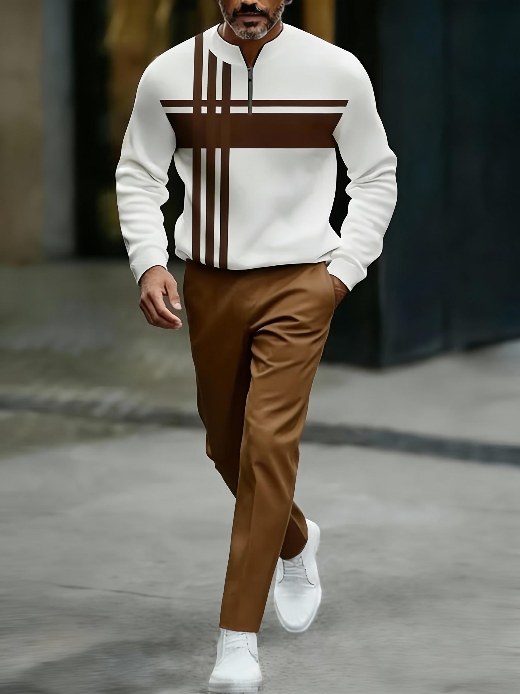 Half Zipper Fashion Casual Set with Trendy Personalized Stripe Design Simple Comfortable Versatile Sportswear Clothing