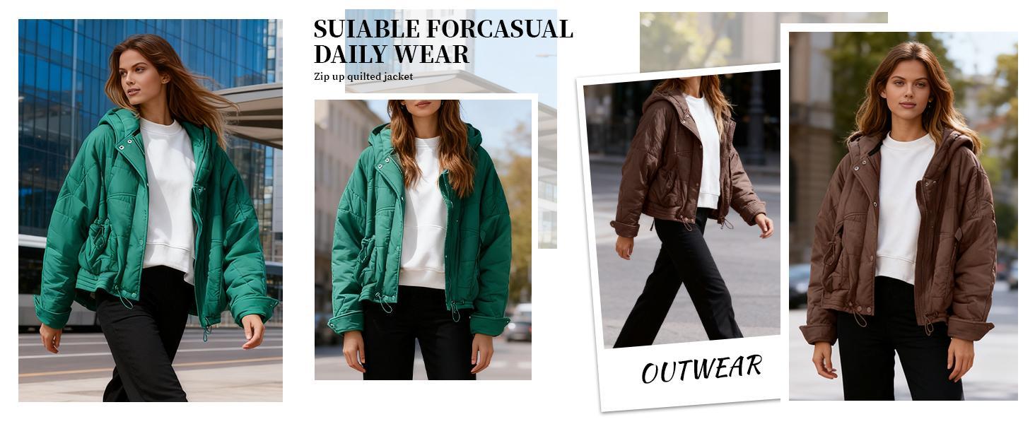 Tanming Women's Oversized Quilted Hooded Jacket with Pockets and Adjustable Hem Warm Casual Loose Fit Short Winter Coat Outerwear for Cold Weather