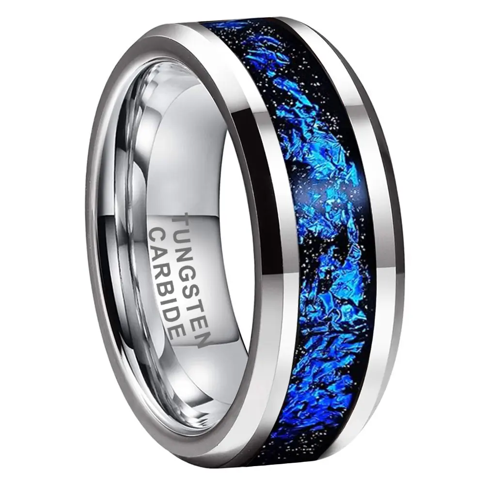 Yonifu Men's 8mm Blue Galaxy Opal Inlay Tungsten Ring - Comfort Fit, Scratch Resistant, Metal Coated, Durable Wedding Band for Him (Anniversary Gift, Everyday Wear) Tungsten Rings, Galaxy Inlay