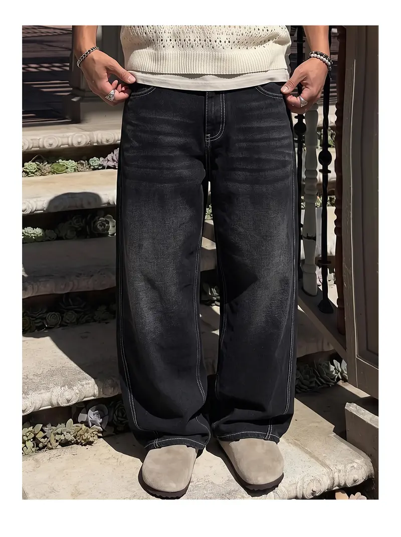 2-pack men’s long pants, men’s jeans, men’s cotton-blend jeans, loose straight wide-leg jeans.Retro washed design, available in multiple colors, suitable for everyday casual wear, school commuting, short trips, and holiday gatherings—ideal for a variety