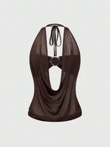 OFFGRID x Hippie Women's Y2K Retro Deep Draped Neck Backless Halter Crop Top (Includes Bandeau Bra)