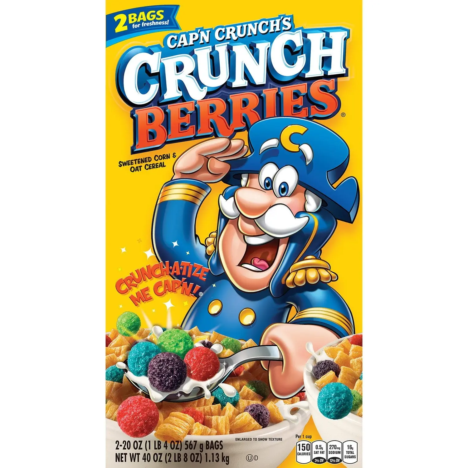 Cap’n Crunch’s Crunch Berries Cereal, Sweet Berry-Flavored Corn & Oat Cereal, Family Size 40 oz Bag – Crunchy Breakfast Cereal with Fruity Berry Pieces