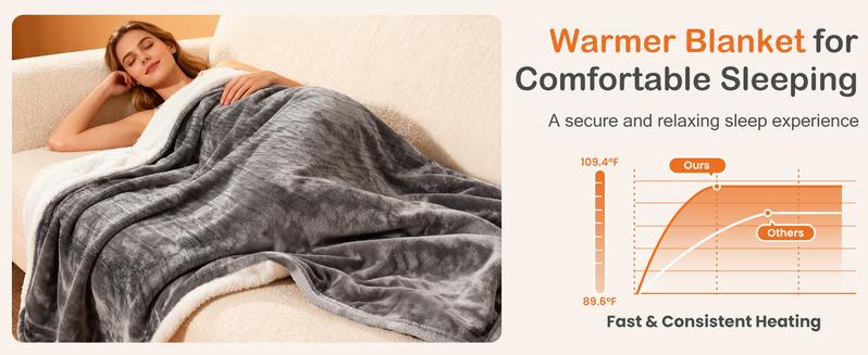 Heated Blanket, Heating Electric Blanket with 10 Heat Levels and Auto-Off, Washable Dual-Sided Flannel & Sherpa Fabric Electric Throw Blanket Warmer for Office Home Use, Gifts for family