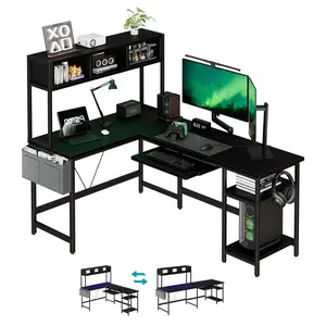 L Shaped Computer Desk with LED Light & Power Outlet, 67 Inch Reversible L Shaped Gaming Table with Shelf & Storage Bag & Keyboard Tray for Home Office, Corner Desk