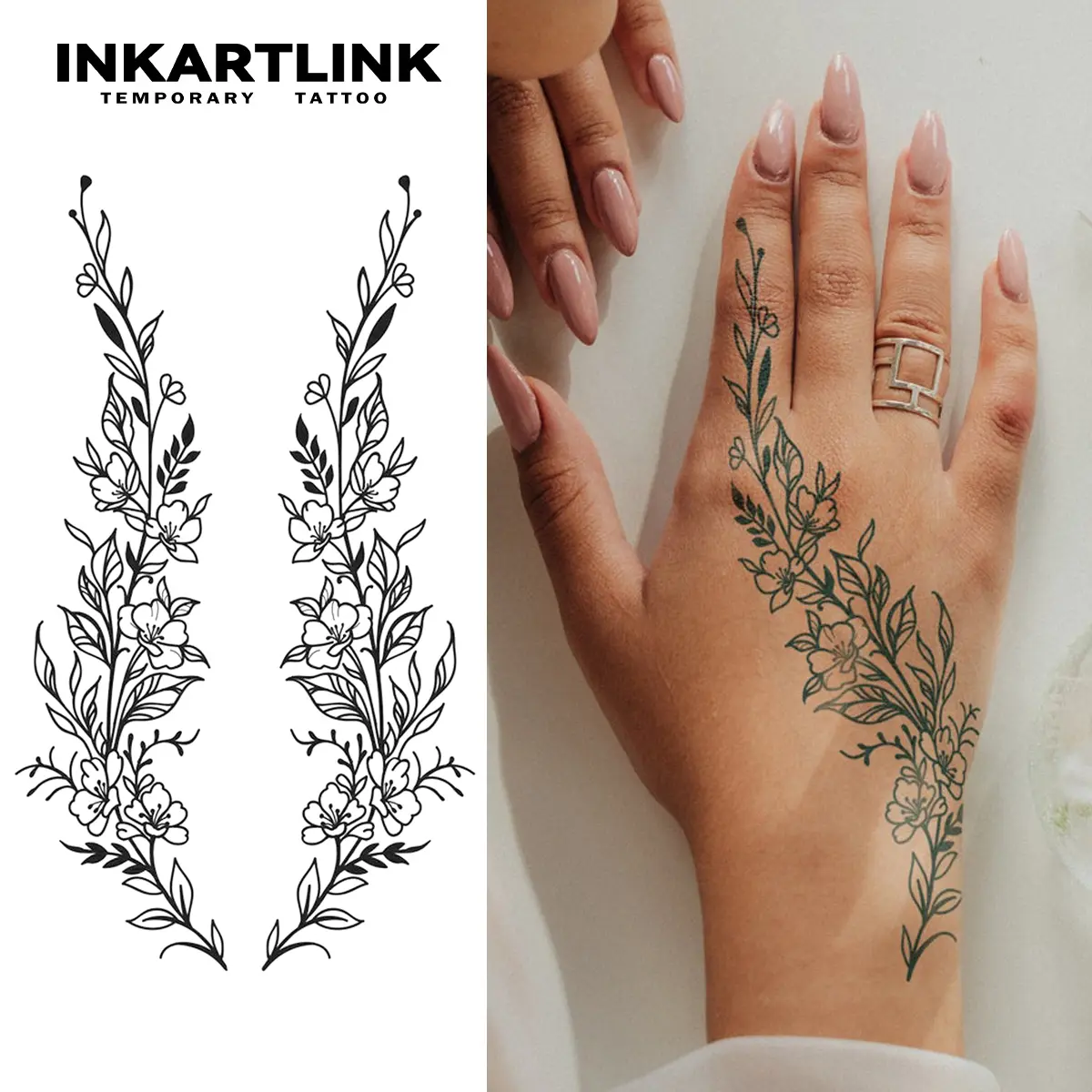INKARTLINK Women's Ephemeral Tattoos, 2 Sheets of Aesthetic Floral Vines & Delicate Flower Branch Stickers for Hand & Finger, Tattoo Art, Elegant, All Skin Types, Styling, Adults, Realistic Temporary Tattoos