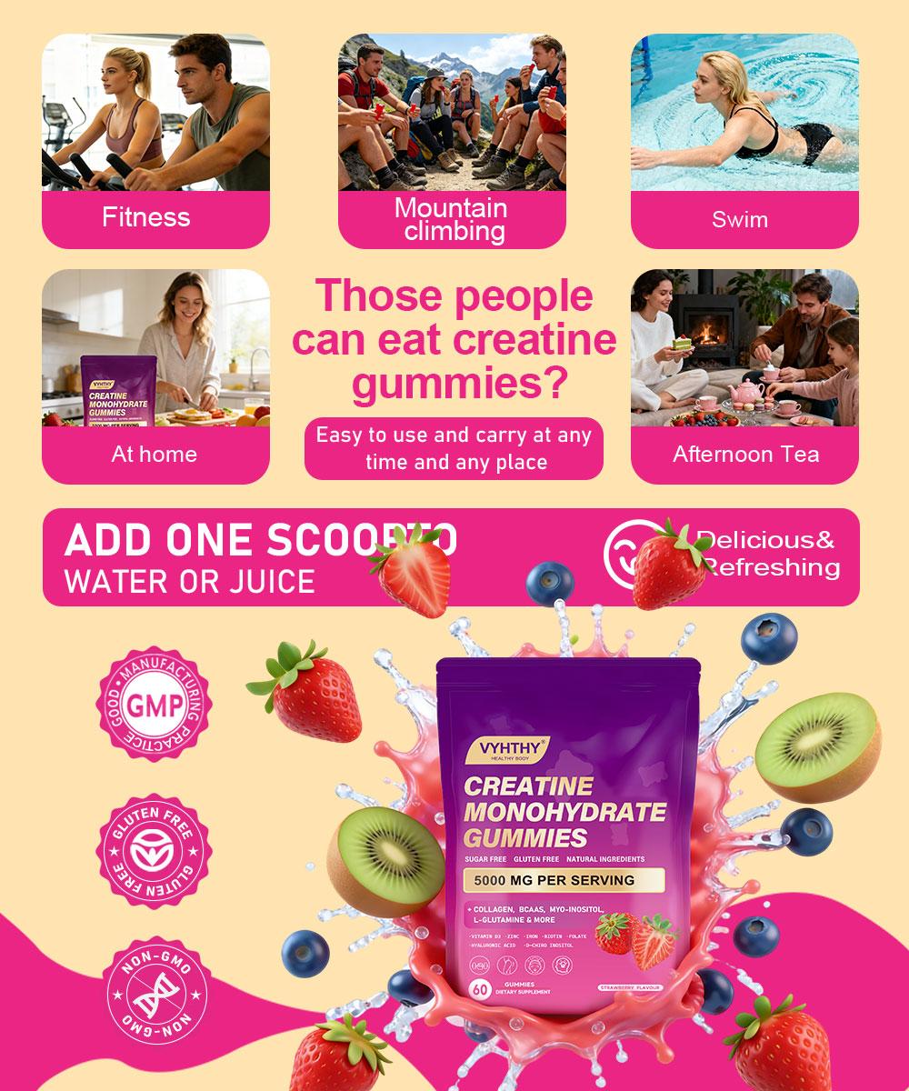 VYHTHY Creatine Monohydrate Gummies – Supports Energy, Cognitive Health & Post-Workout Muscle Recovery  For Women