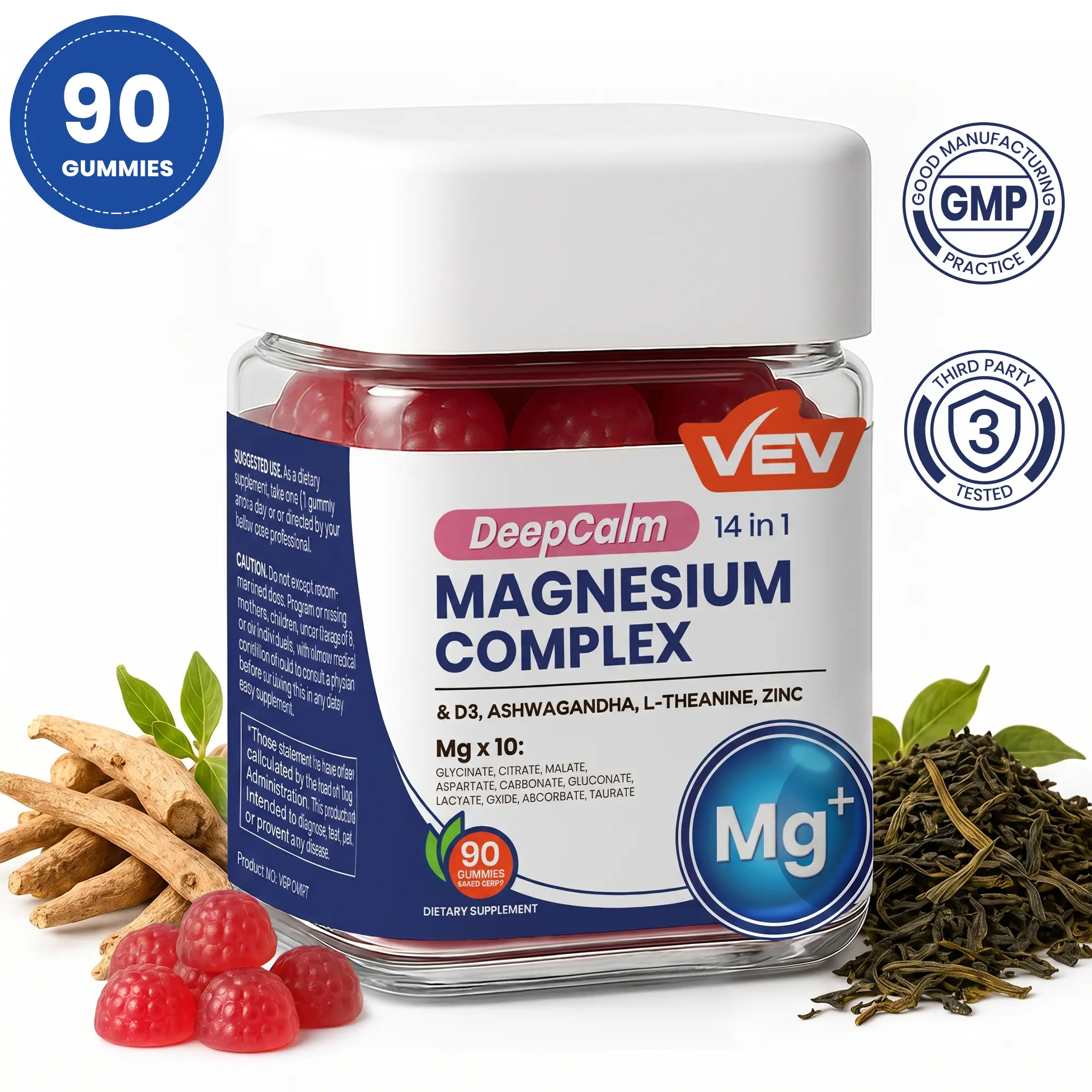 VEV DeepCalm Magnesium Gummies, 14-in-1 Magnesium Complex with Ashwagandha, L-Theanine, Vitamin D3 & Zinc, 90 Count