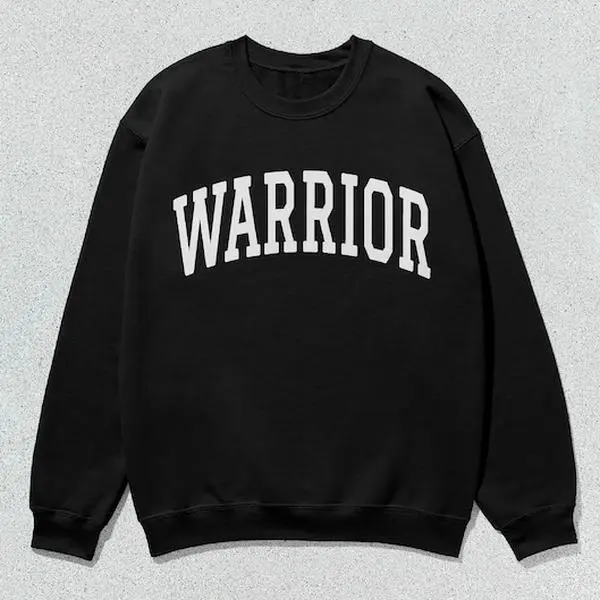 Men's Warrior Collegiate Crew Neck Sweatshirt - Menswear, Unisex Fit, All Seasons, Casual Long Sleeve, Minimalist Preppy Look, Slogan Letters Print, Soft Comfortable Pull-On Pullover Tops, XXXL Size Available