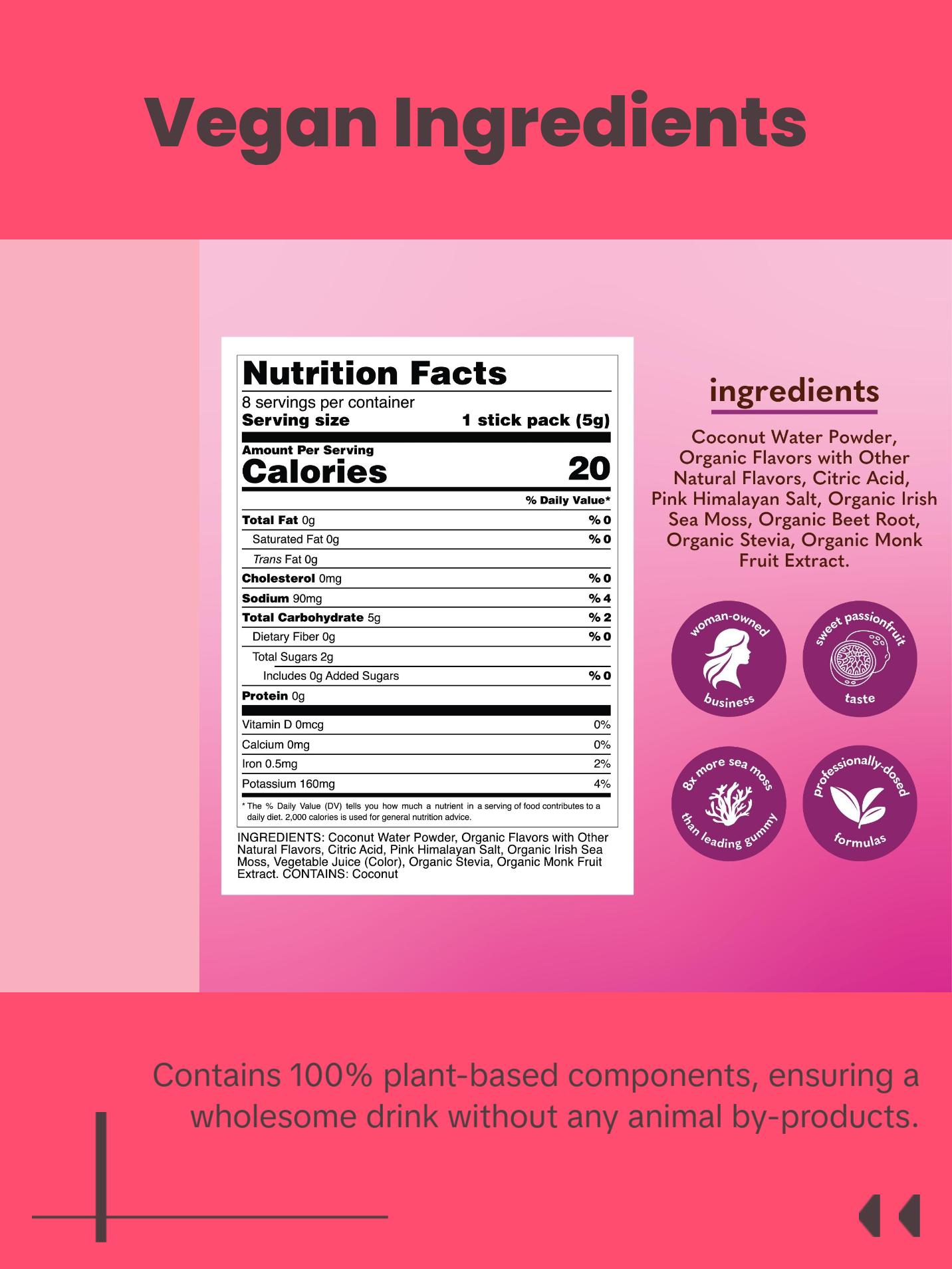 Copina Co. Passionfruit Sea Moss Drink - 8 Stick Packs 5g Each - Organic Irish Sea Moss Powder - Vegan Superfood Drink for Gut Health and Immunity - Hydration and Energy Boost with Organic Sea Moss