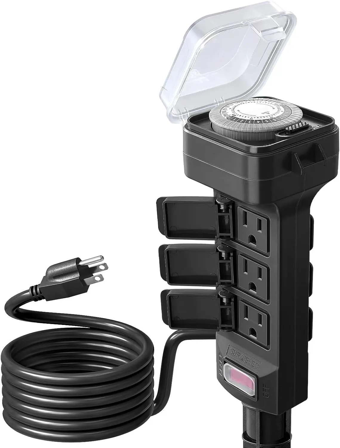SURAIELEC 6FT Outdoor Power Stake, Mechanical Timer, 24-Hour Light Timer, Electrical Power Strip Weatherproof, Multiple Outlets for Patio, Christmas Decoration, Garden, Outdoor Light, Black