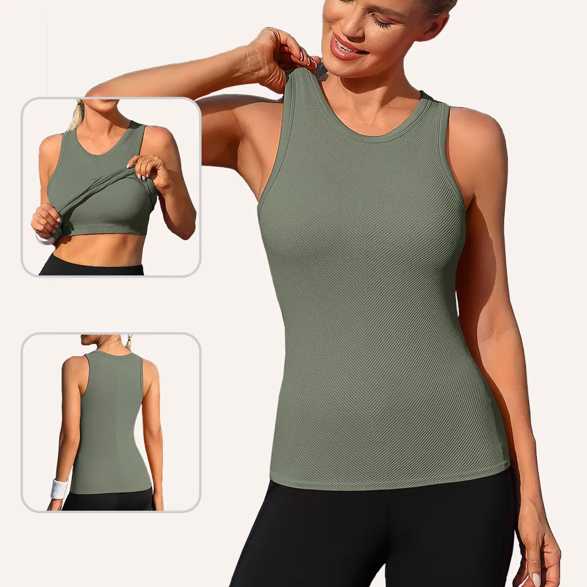 ATTRACO Ribflex Women's Seamless High Neck Workout Tank Top with Built-in Bra & Removable Padding for Yoga & Gym Training