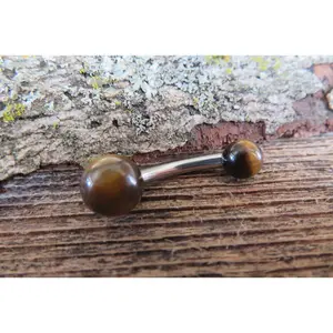 THICK 12G or 10G Tiger Eye Natural Stone Belly Ring Curve 12G (2.0mm) 10G (2.5mm) VCH Piercing 6mm & 8mm Balls