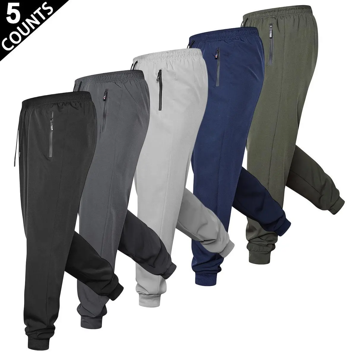 Men's 5-Pack Quick-Dry Athletic Jogger Pants - Elastic Waist Drawstring, Zipper Pockets, Cuffed Ankles, Lightweight Breathable, Athletic, Comfy, Body-Fitting, Close-Fit, Form-Fit Bottoms for Gym, Lounging, Outdoor Activities, Athletic Men's Pants, Body-Fi