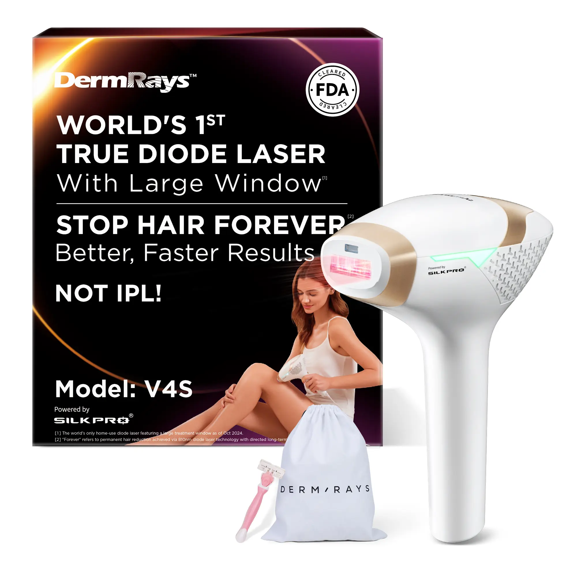 DermRays V4S Gentle Diode Laser Hair Removal, 810nm At-Home Device for Flawless, Sensitive Skin, Smooth Shave, Laser Hair Removal Devices
