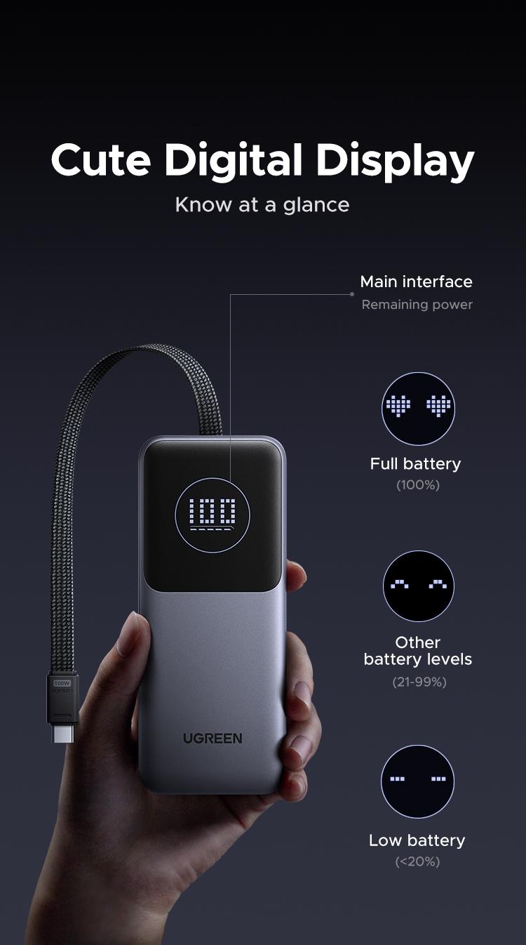 UGREEN Nexode Power Bank 20000mAh 130W Portable Charger Built-in USB C Cable, Pack with TFT Smart Display for MacBook/iPad/iPhone 17 16/Samsung S24 and More ,September Restock，TikTokShopBlackFriday ,TikTokShopJumpstartSale