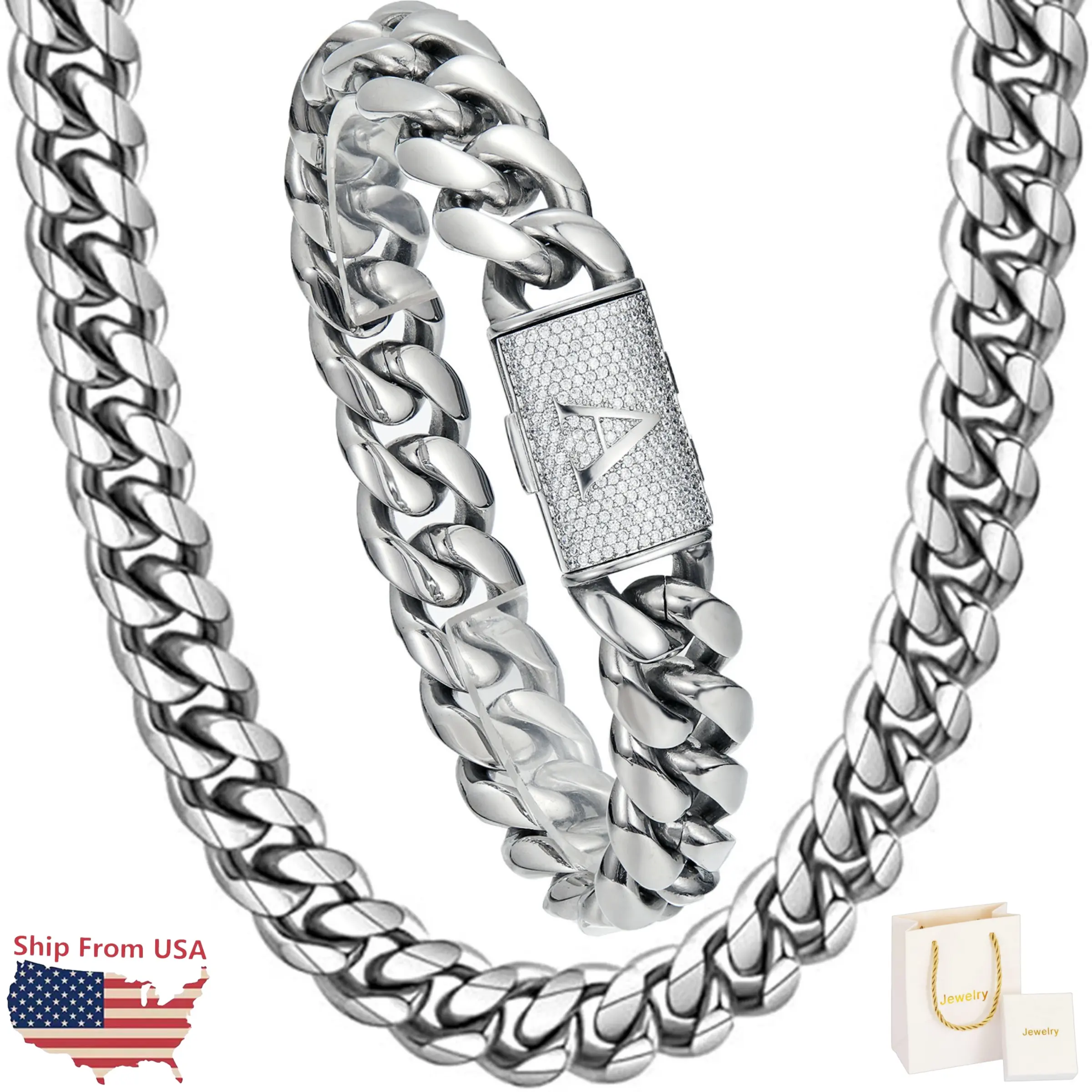 14MM Initial Letter A-Z Miami Cuban Necklace Link Stainless Steel Hip Hop Punk Chain with CZ for Men Boy Christmas Birthday Gift