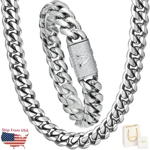 14MM Initial Letter A-Z Miami Cuban Necklace Link Stainless Steel Hip Hop Punk Chain with CZ for Men Boy Christmas Birthday Gift