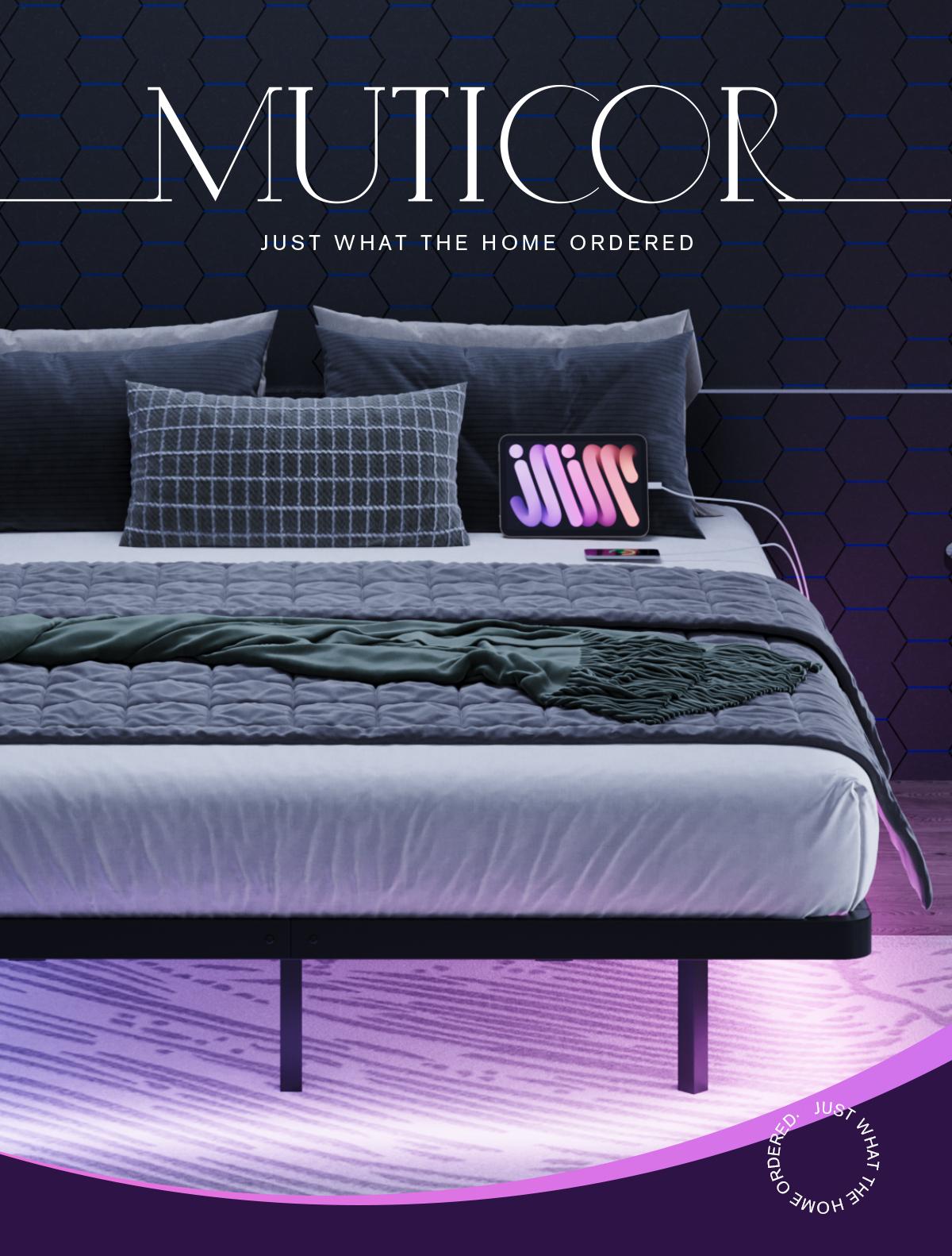 MUTICOR Floating LED Iron Bed Frame with Metal Slats【No Mattress】Headboard Outlets and Multi-Color Lighting, No Box Spring Needed, Twin/Full/Queen/King